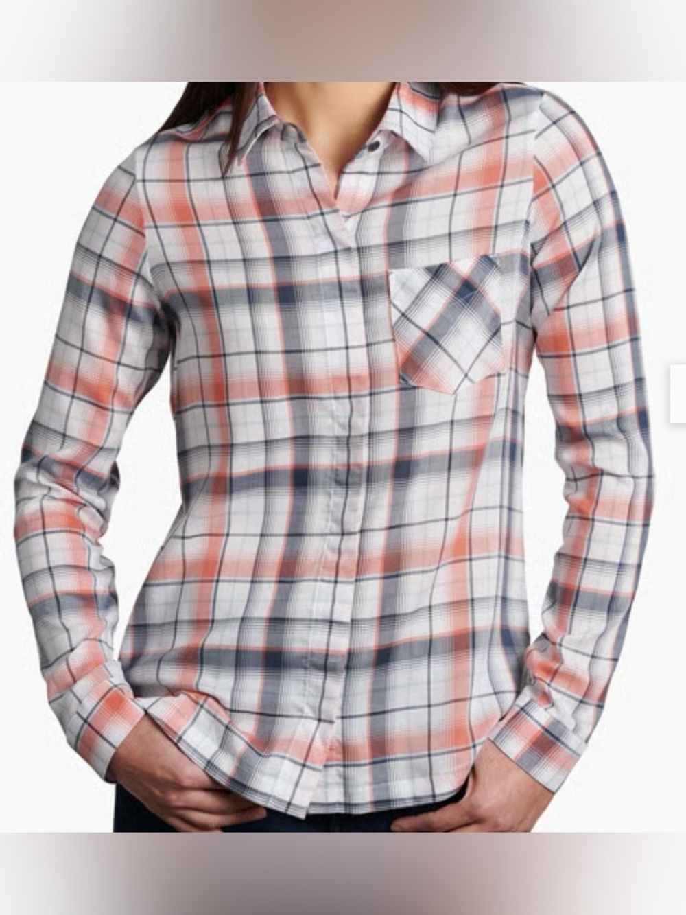 KUHL White Coral and Gray Plaid Button-Down Shirt Sporty Active Hiking Fall L